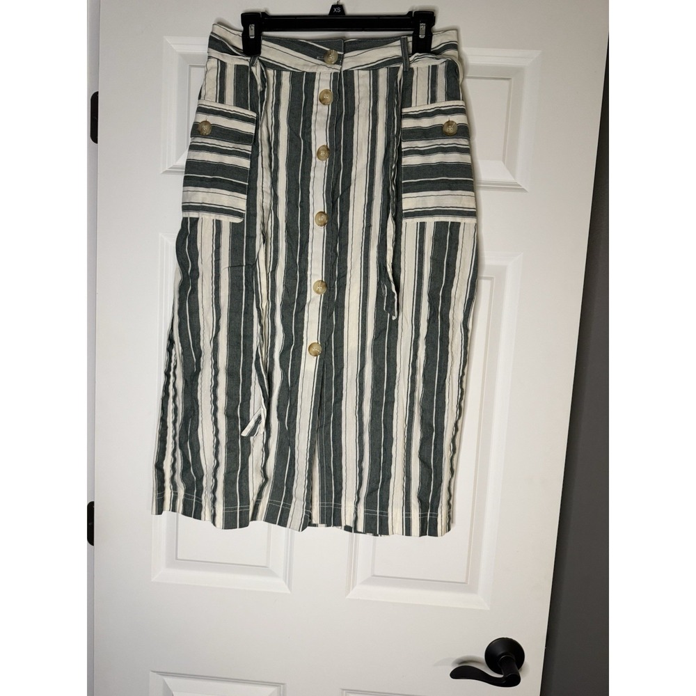 Hem And Thread Button Up Striped Midi Skirt W Belt Green Cream Large